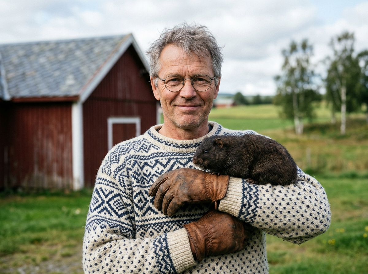 Sturle Ramberg på gårdstunet i morgensol med den store mørkebrune tibetanske kjempehamsteren Snorre på armen.