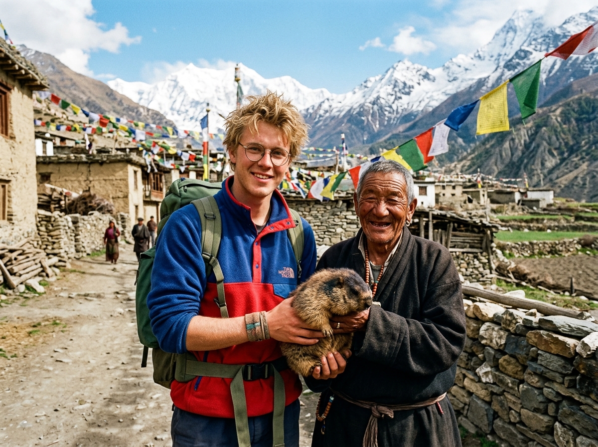 Vintage 1990s fargefoto fra Tibet: Ung Sturle Ramberg og hans tibetanske mester med Snorres tippoldefar Dorje.